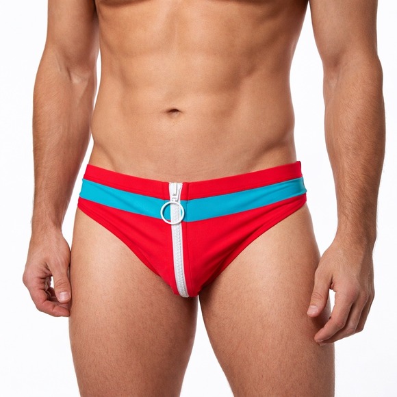 Andrew Christian M (31-33) Mens Red Turquoise Zipper Front Swim Brief 70167 NEW